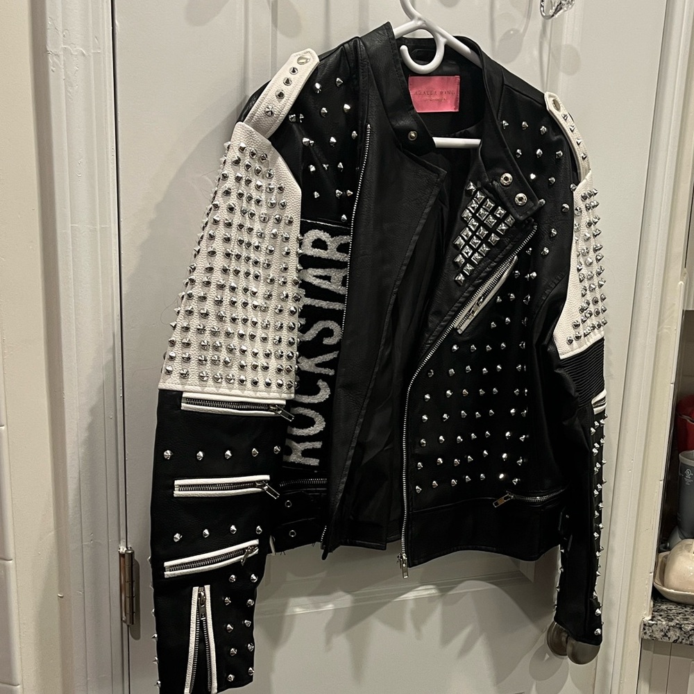 Azalea Wang- 
Studded Black and White Leather Jacket